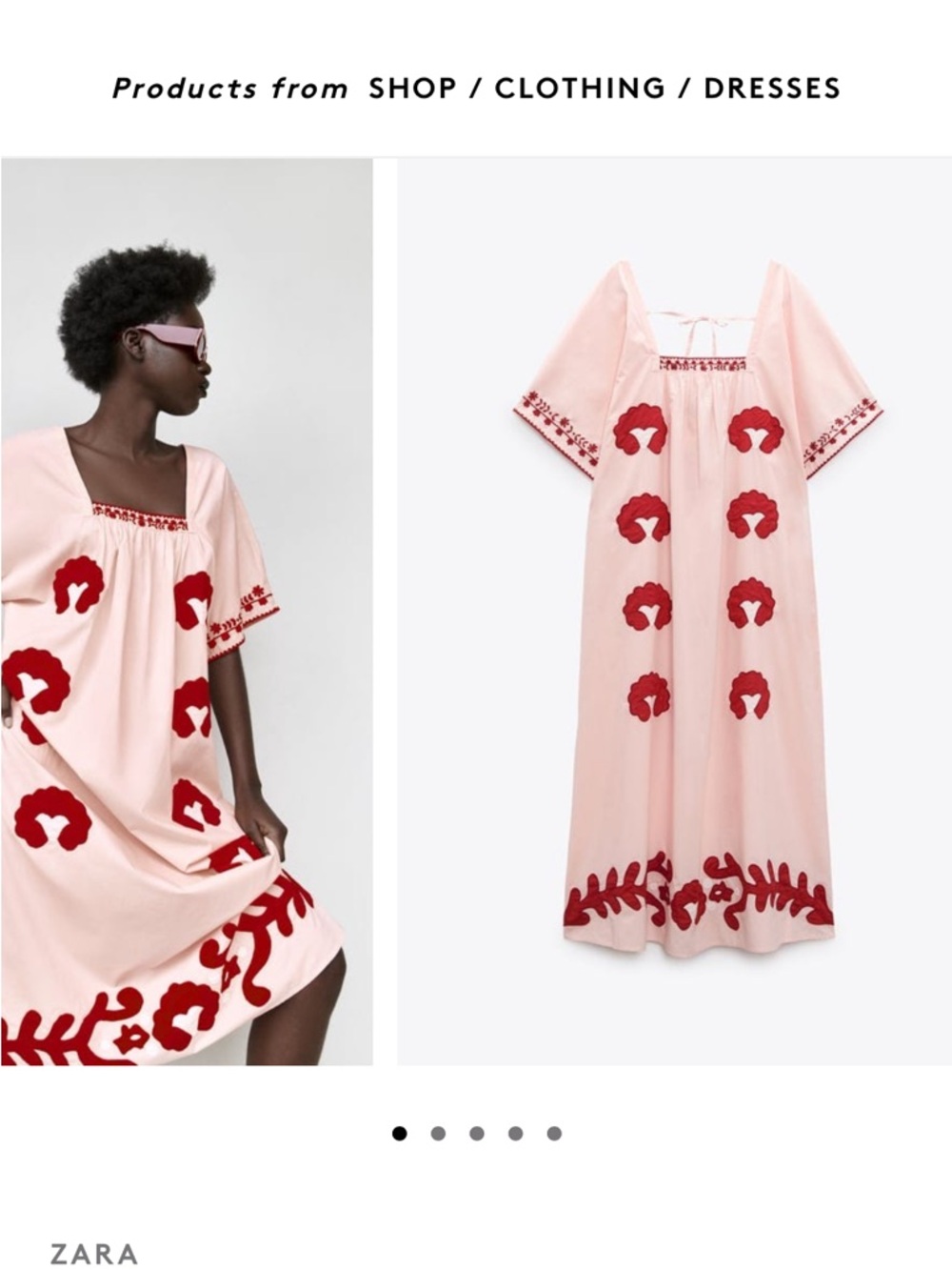 Zara Light Pink Midi Dress with Red Embroidered Motifs